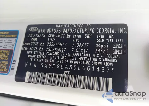 2020 Kia Sorento 3.3L Lx z USA, uszkodzony, nr VIN 5XYPGDA55LG614875